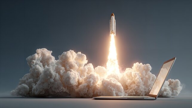 Laptop takes flight amidst explosive rocket launch, symbol of innovation's powerful impact.