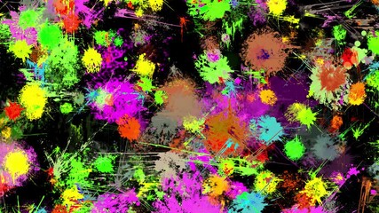 A vibrant and chaotic abstract background featuring numerous colorful paint splatters and splashes on a dark black canvas. - Powered by Adobe