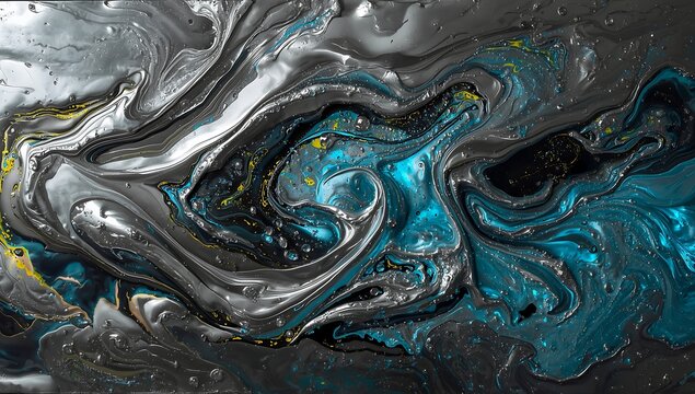 Abstract swirling metallic and teal fluid art