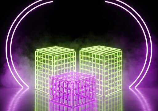 Glowing geometric shapes neon abstract scene with smoke and reflections, geometric art