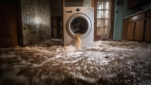 Flooded kitchen room with broken washing machine submerged in brown water, showing damage and need for plumbing or appliance repair service. Washer problem.