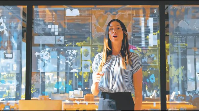 Woman in Modern Office Setting: A confident professional stands in a sunlit office, embodying focus and expertise. The contemporary workspace reflects innovation and a forward-thinking ethos.