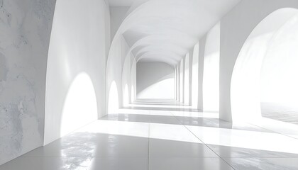 Bright, all-white corridor with arched openings casts shadows on smooth, glossy floor leading into a bright, open space