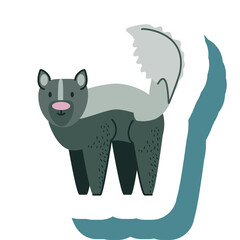 Stylized illustration of a dark grey skunk with white and light grey markings standing against a white background. The skunk has a pink nose and black eyes. A large abstract curved teal shape is