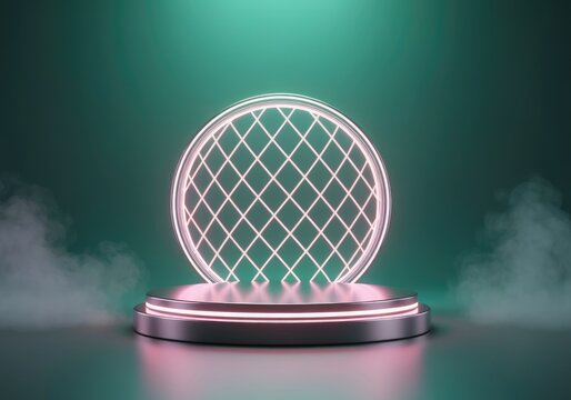Illuminated round grid stage with pink glow and smoke effects, metaverse concept