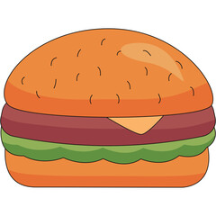 Stylized hamburger illustration with a toasted orange bun green lettuce and a brown patty on a transparent background