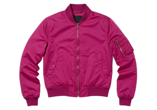Isolated bomber jacket magenta color, casual outerwear garment with full zip front for modern men