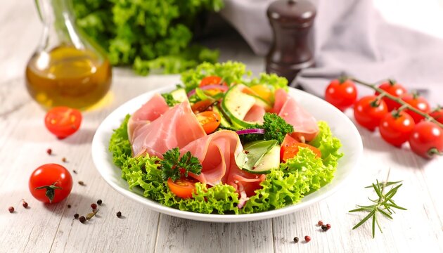Colorful, appetizing salad with ham, tomatoes, and lettuce presented on a white plate