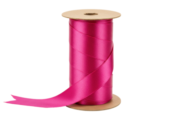 Isolated spool of hot pink ribbon, decoration for gift wrapping or crafting, ribbon roll