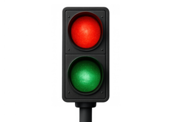 Traffic light showing stop and go signals, illuminated red and green lamps controlling road movement with transparency