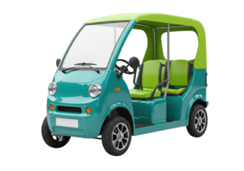 Isolated golf cart in teal and green, transport vehicle with open sides, no background