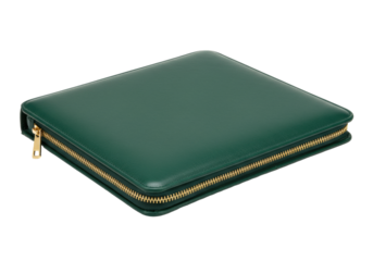 Isolated green leather wallet, gold zipper, flat lay, for professional supplies, luxury item