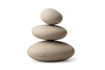 Smooth light pebbles stacked in a stable cairn, representing meditation, peace, and spiritual wellness with a transparent background