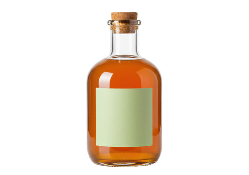 Isolated glass bottle of amber liquid with a light green label and cork stopper, studio shot - Powered by Adobe
