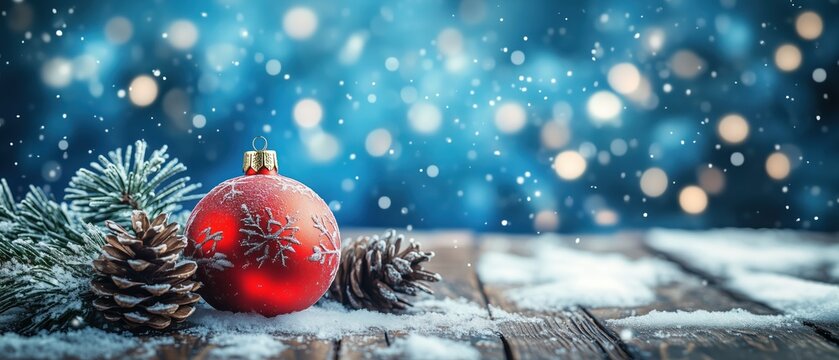 Red Christmas Ornament with Snowflakes on a Snow - Covered Wooden Surface, Pine Cones, and a Blue Bokeh Background with Snowfall