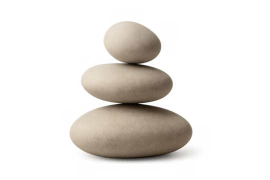 Smooth light pebbles stacked in a stable cairn, representing meditation, peace, and spiritual wellness with a transparent background