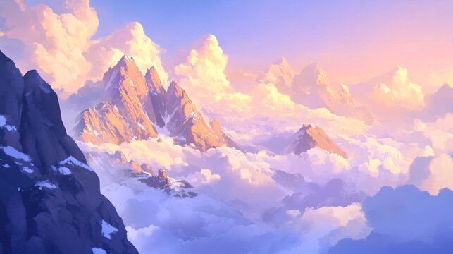 Breathtaking mountain range view with clouds and pastel sunset glow, artistic illustration, fantasy landscape