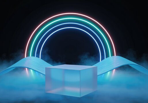 Neon archway with glowing podium and misty stage for product display