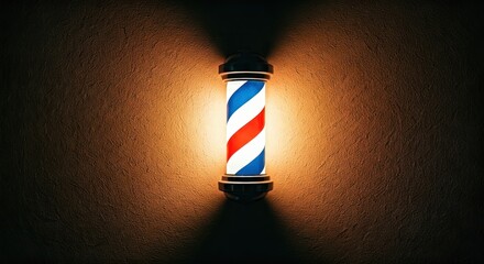 A barber pole with spiraling red, white, and blue stripes, casting light on a textured wall
