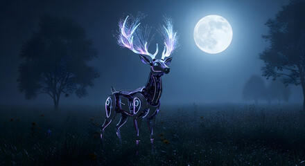 A majestic stag with glowing antlers stands silhouetted against a bright full moon