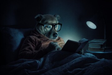 Adventurous night: dog clings to phone in darkness. Phone adventure. How we will control and understand data in the future. Data visualization ui. Dog in shadow.