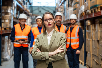 Female manager leading diverse logistics warehouse team