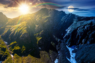 mountain landscape on summer solstice. day and night time change concept. ridge under sky with clouds, sun and moon. alpine scenery with rocky peaks and steep slopes. duality and transition template