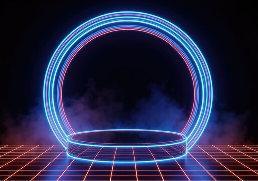 Neon future stage with glowing ring and grid floor, cyberpunk neon