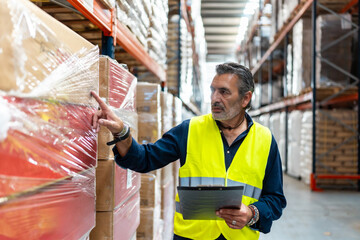 Warehouse worker inspecting inventory on high shelves