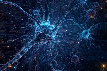 Abstract digital neural network with glowing blue energy