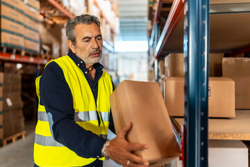 Warehouse worker placing cardboard box on shelving rack