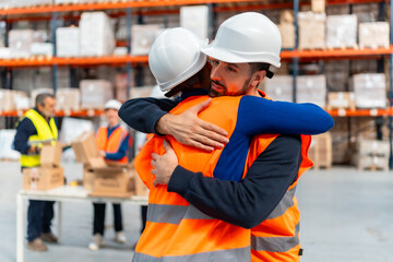Warehouse workers hugging showing teamwork and friendship
