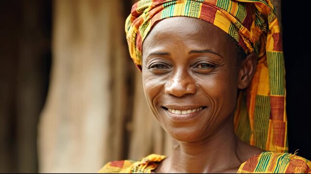 Portrait of a Smiling African Woman in Traditional Headwrap.
