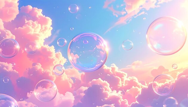 Colorful bubbles float against a dreamy pink and blue sky with fluffy clouds, bathed in soft sunlight