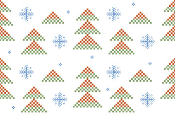 Colorful Christmas Holiday,Pine tree ,snowflake seamless pattern.Beautiful Scandinavian embroidery folk design.Geometric ornament.Abstract pixel background.illustration for holiday,festival,seasonal.