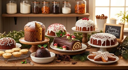 Festive christmas dessert table with cakes cookies and holiday decorations
