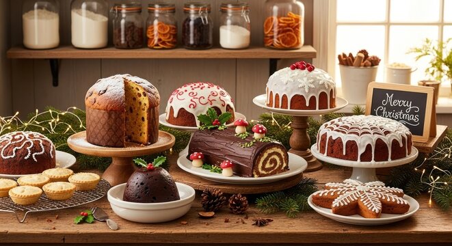 Festive christmas dessert table with cakes cookies and holiday decorations