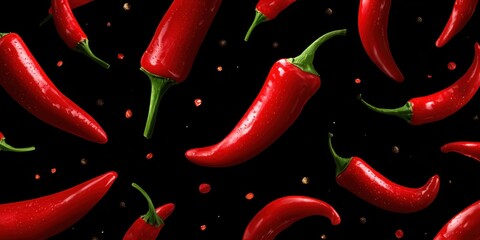 Pimiento rojo picante flotando en fondo negro con vapor caliente. Durante la toma se resalta el contraste, el calor y la textura del chile ardiente