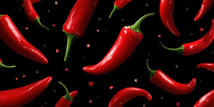 Pimiento rojo picante flotando en fondo negro con vapor caliente. Durante la toma se resalta el contraste, el calor y la textura del chile ardiente