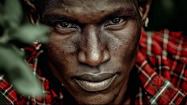 Intense Close-Up Portrait of a Man with Deep Gaze and Red Plaid Shirt.