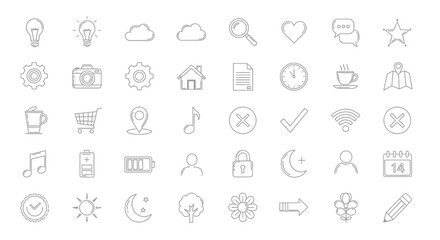 Collection of diverse hand-drawn line art icons representing common user interface elements