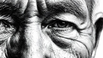 Detailed Close-up Portrait of an Elderly Mans Face in Black and White.