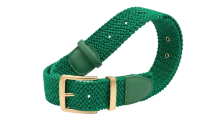 Isolated green woven stretch belt with gold tone buckle fashion accessory close-up view