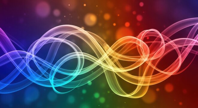 Vibrant rainbow swirls abstract background with bokeh lights