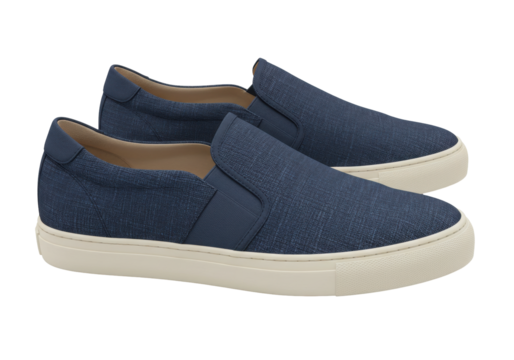Isolated navy blue slip-on casual shoes, comfortable footwear for urban or beach wear, shoes on no background