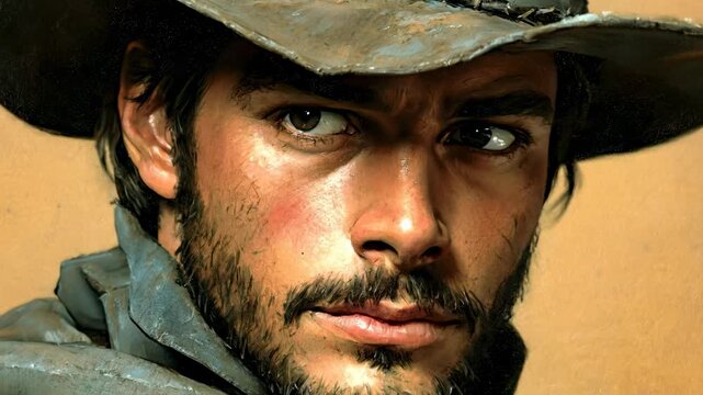 Intense Close Up Portrait of a Rugged Cowboy Gunslinger.