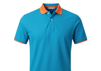 Isolated bright blue polo shirt with orange collar and sleeve trim, studio shot, clean look