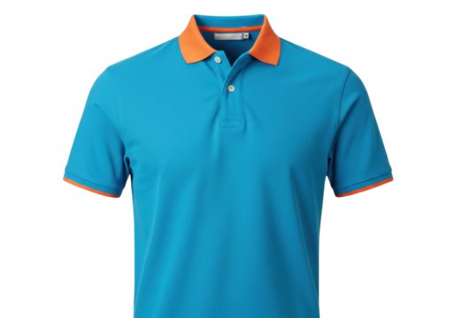 Isolated bright blue polo shirt with orange collar and sleeve trim, studio shot, clean look
