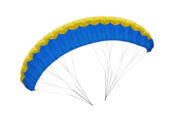 Isolated paragliding canopy, yellow and blue skydiving wing against a clean backdrop