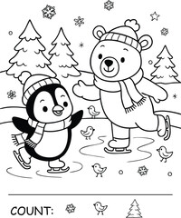 Christmas coloring page for kids bear and penguin skating kindergarten preschool printable worksheet